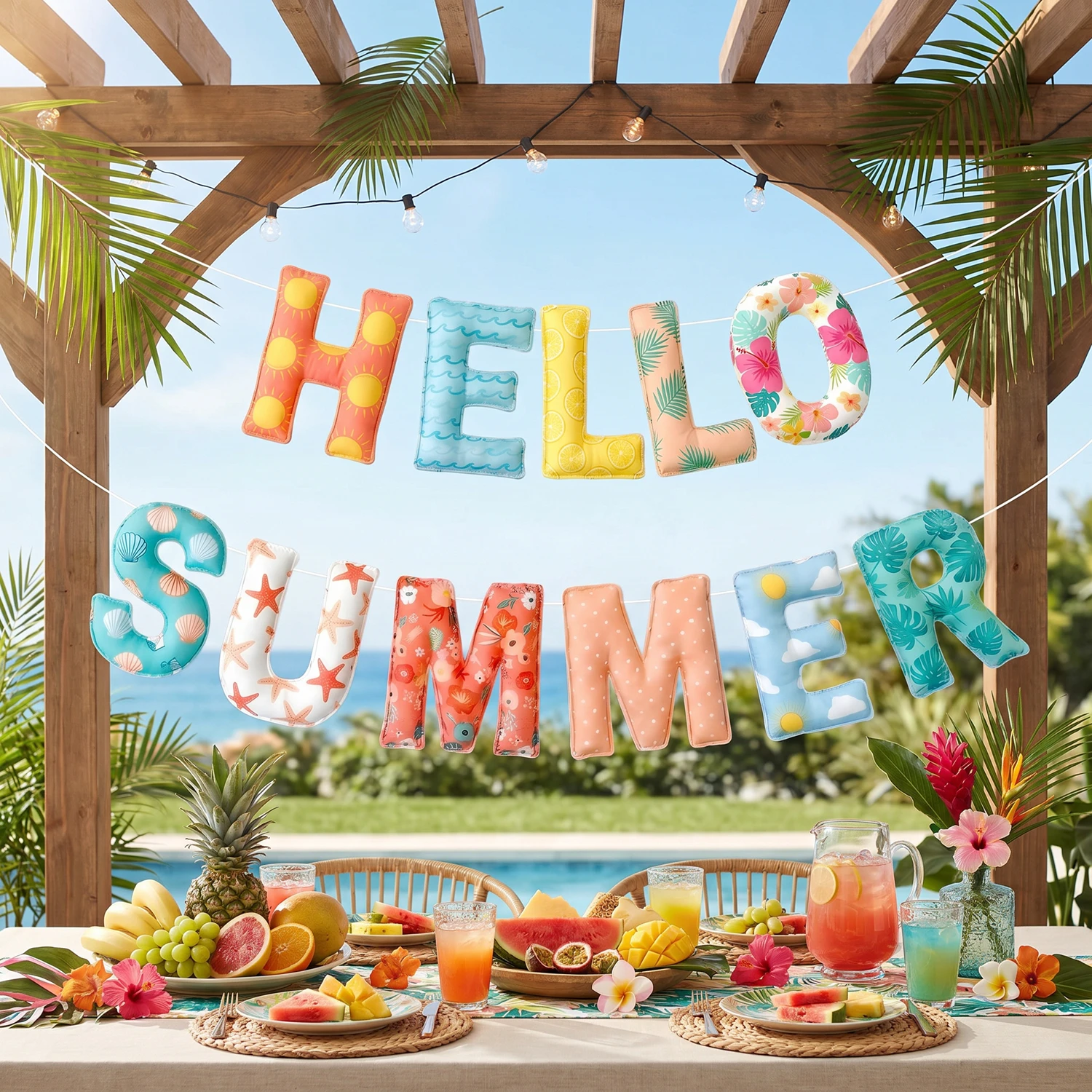 Banners 2D de Feltro 'Olá Verão' com Folhas de Palmeira Havaianas, Guirlanda Suspensa para Decorações de Festa, Praia, Piscina, Casa e Lareira