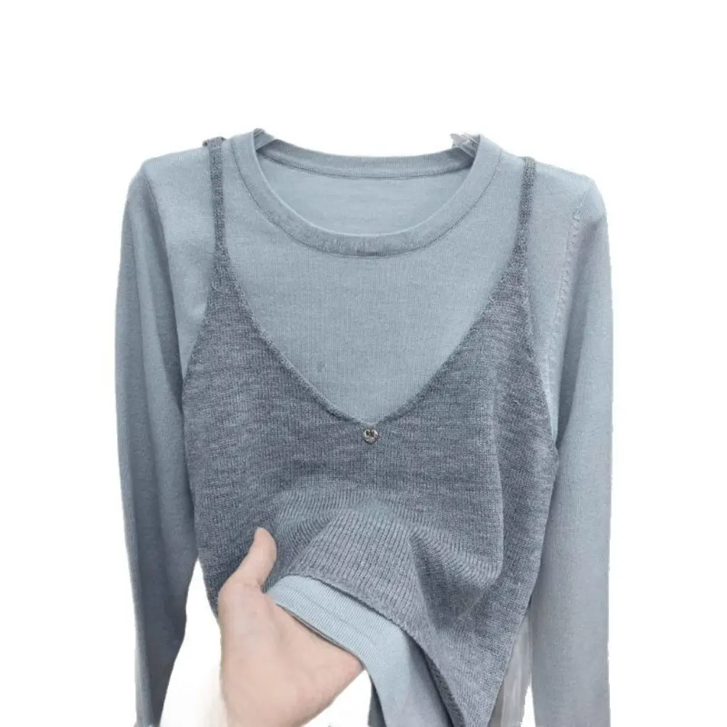 

Women's Autumn Winter Long-Sleeved Sweater Two-Piece Set Fashionable round Neck Splicing Top for Slimming Effect