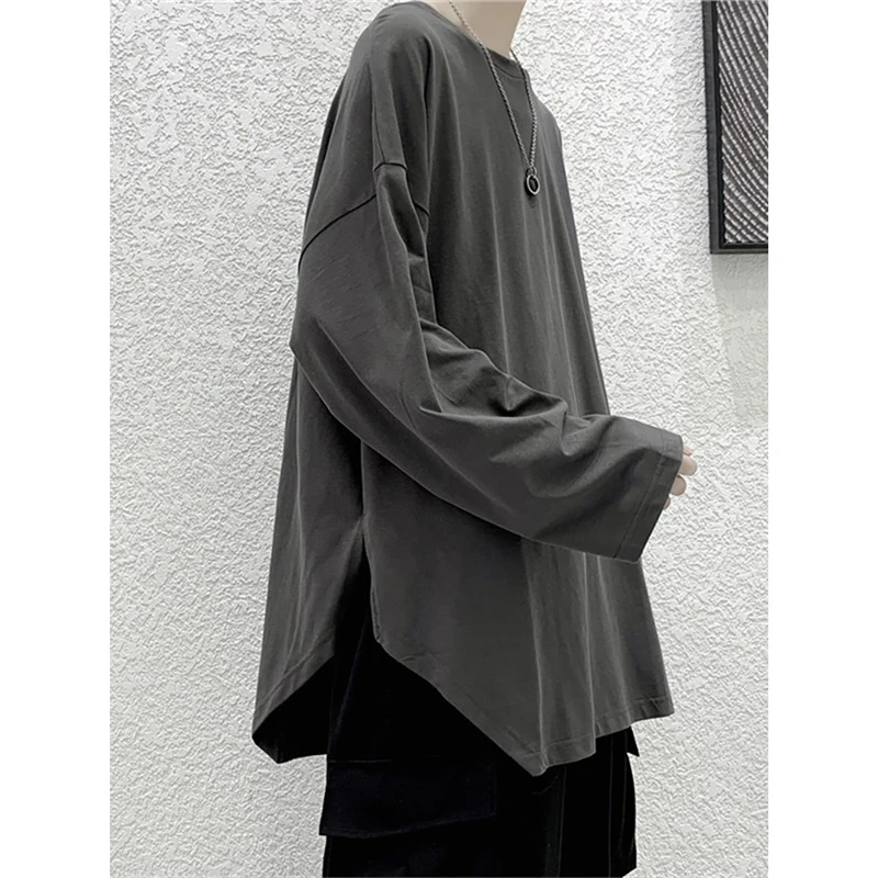 Men's T-shirt new style dark-toned irregular side slit long-sleeve t-shirt loose fit trendy tee