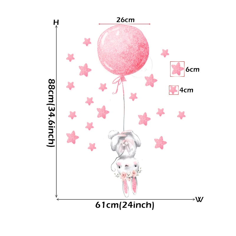 Rose Gold Pink Girl Bunny with Hot Air balloon Wall Stickers for Kids Room Baby Nursery Room Decorative Stickers for Girl Decals