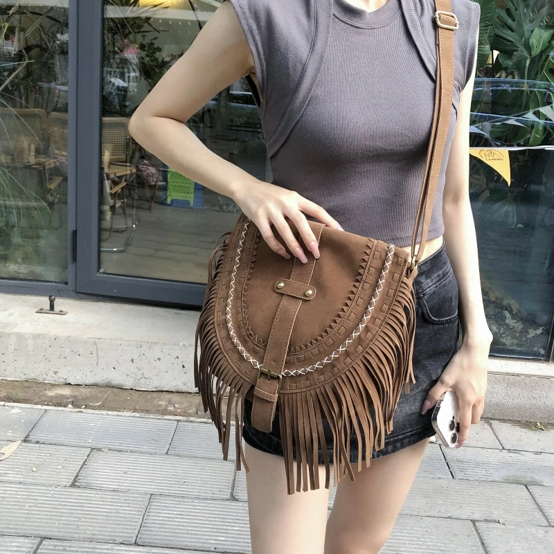 Women\'s Bags on Sale 2023 High Quality Fashion Retro  Suede Tassel  Womens Shoulder Crossbody Messenger Bag Tassel Boho