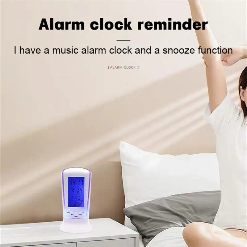 1Pcs White 510 Mini Small Alarm Clock Led Luminous Music Alarm Mute Lazy Electronic Clock with Temperature Alarm Clock