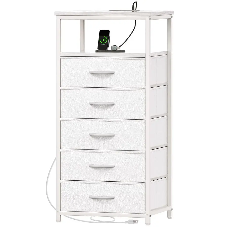 

White Dresser with 5 Drawers amp Charging Station, Tall Dresser for Bedroom, Tall Night Stand with PU Leather Finish, Open Shelf