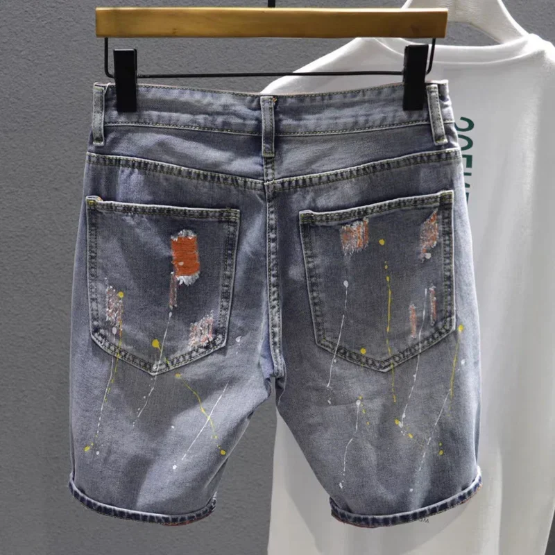 Celana Jeans Pendek untuk Pria Celana Pendek Denim Pria Kulit Hitam Robek Multi Warna Baru dalam Peregangan Fashion Korea Koboi Dipasang Musim Panas Mewah Xl