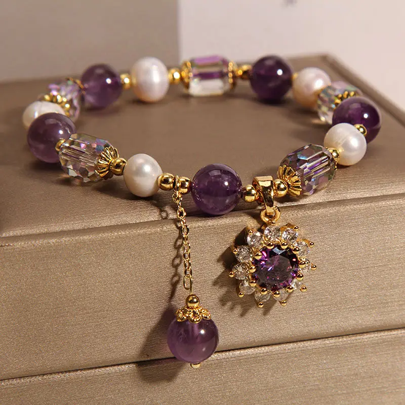 

Браслет из натурального пресноводного жемчуга и аметиста, женский легкий роскошный нишевый кулон с микроинкрустацией для подарка подруге, абстрактные чернила Lucky