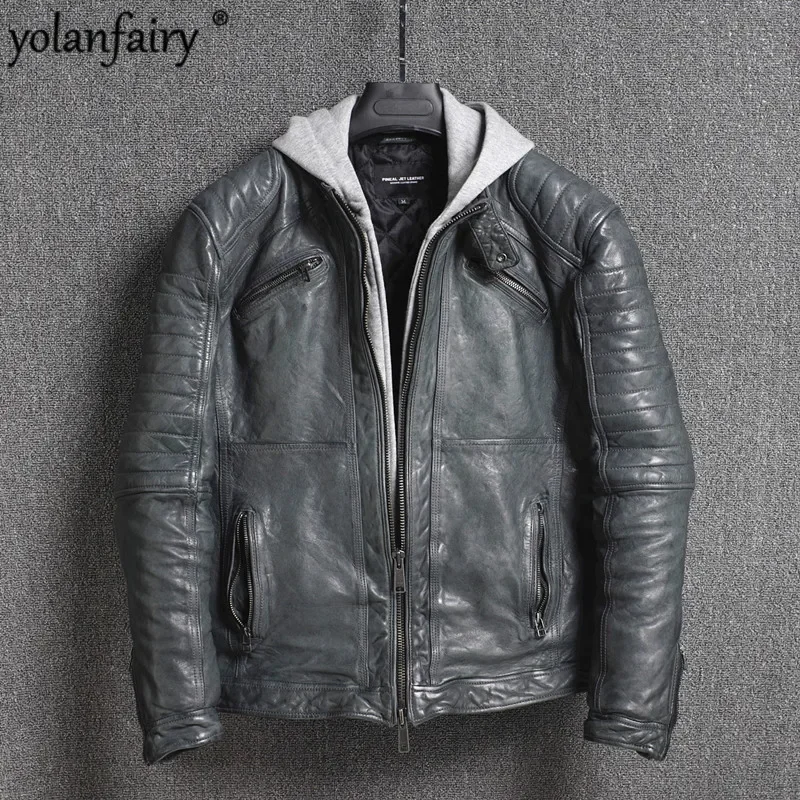 2020 Genuine Leather Jacket Men Vintage Sheepskin Coat Korean Motorcycle Jacket Spring Autumn Hooded Veste Cuir Homme KJ4127