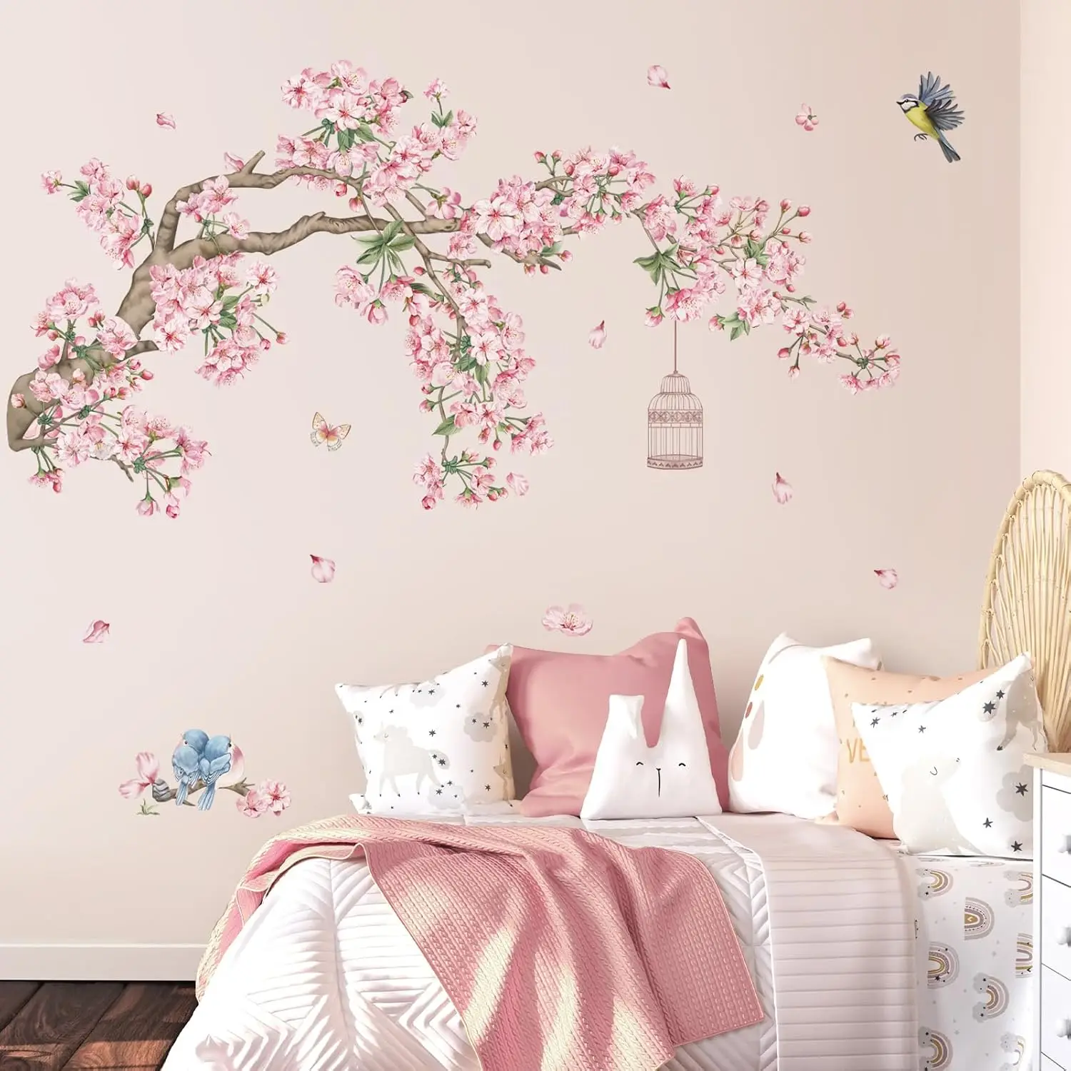 Large Pink Cherry Blossom Tree Bird Wall Stickers Tree Branches Floral Birdcage Wall Decals Bedroom Playroom Home Decor