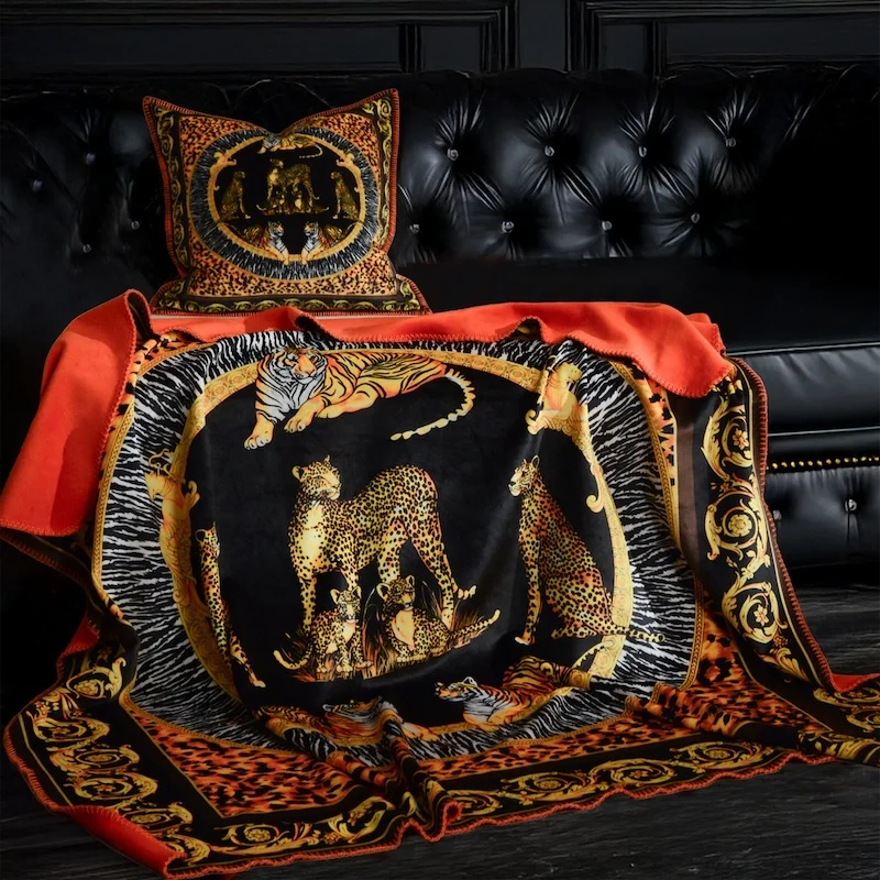 Luxury Leopard Print Throw Blanket & Pillow Cover Set | Exotic Animal Pattern Satin Blanket | High-End Baroque Style Sofa Decor