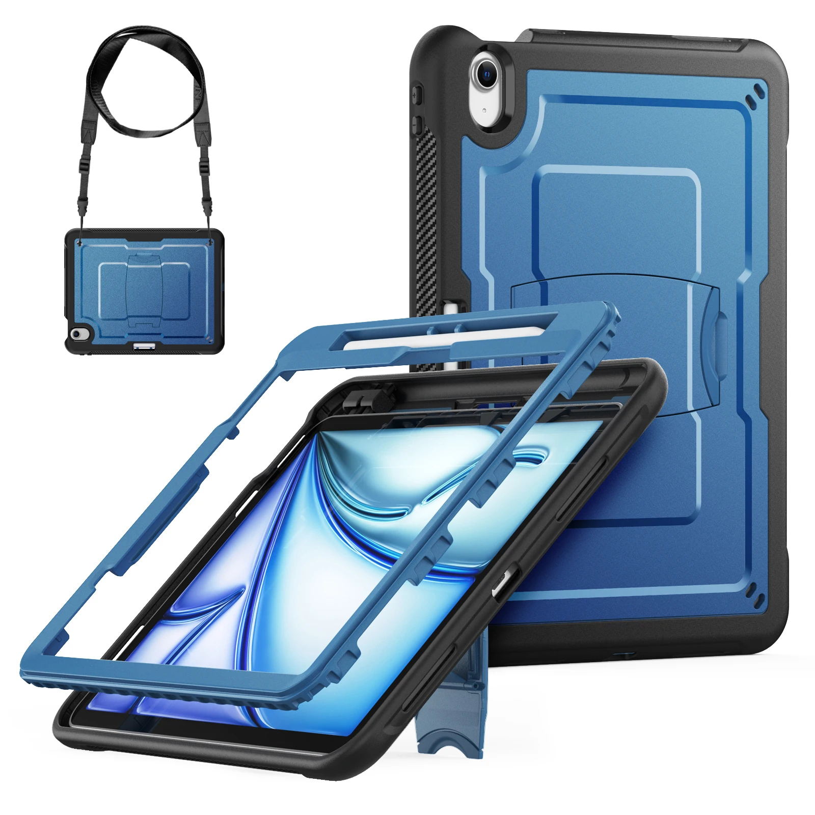 For iPad Air 11 (2026) / (2025) / (2024) Case Hidden Zinc Alloy Kickstand PC + TPE Tablet Cover with Shoulder Strap - Navy Blue