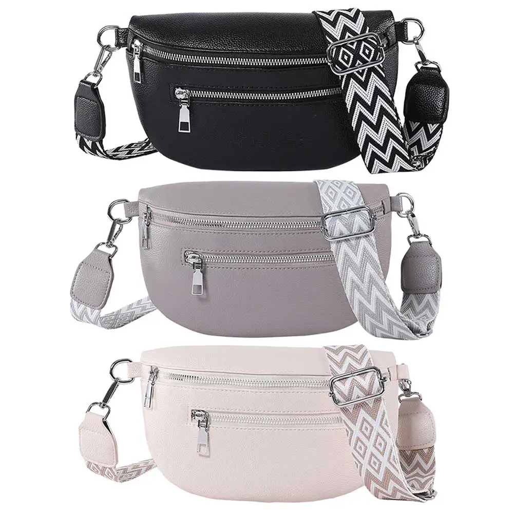 Women Stylish Crossbody Bag with Wide Strap Retro Fanny Pack Multi-pocket Simple Shoulder Bag Female Daily Bag