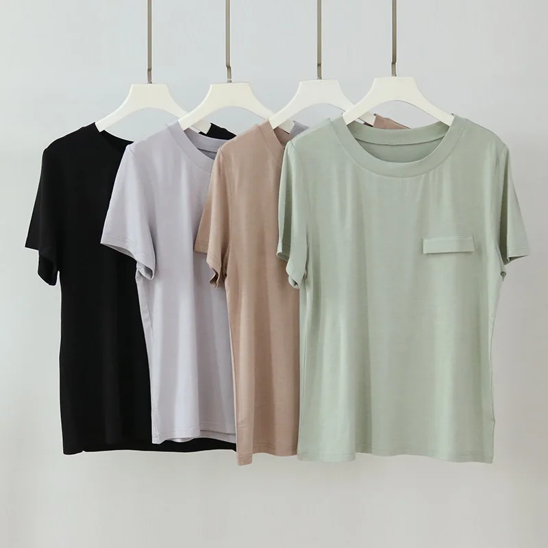 

Spring Summer T-Shirts for Women Round Neck Mulberry Silk Top Short Sleeve Solid Color Thin Comfortable Breathable Loose Clothes