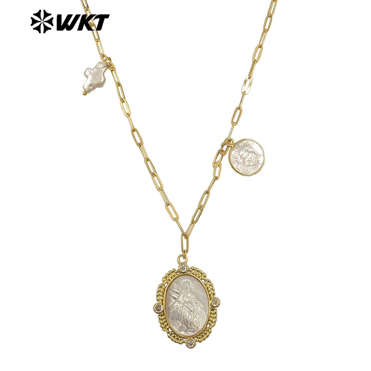 WT-JN322 Wholesale 18K Gold Electroplated Pear Shell Pendant Necklace Hand Carved Virgin Mary Pattern Vintage Women Jewelry