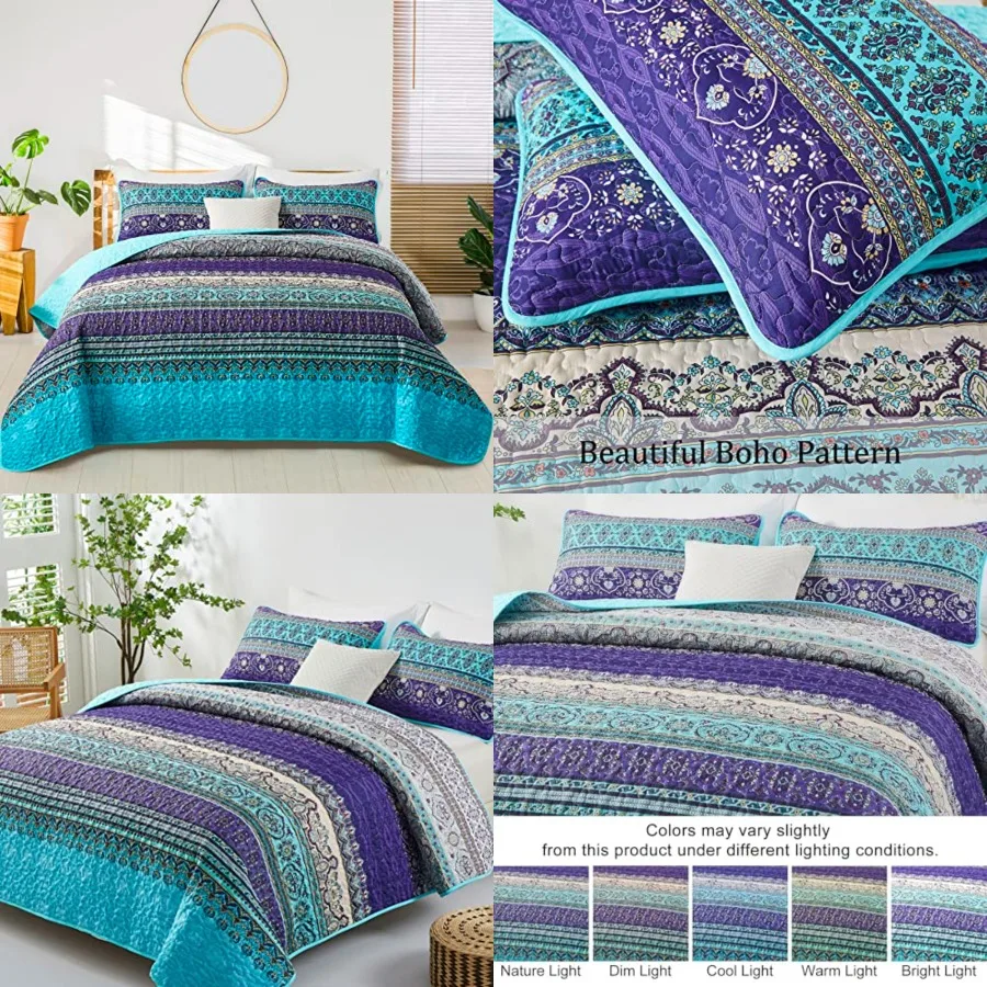 

Boho Quilt Set, Bohemian Quilt Bedding Set, Lightweight Microfiber Bed Decor Bedspread for All Season 96"x90" 3 Pieces