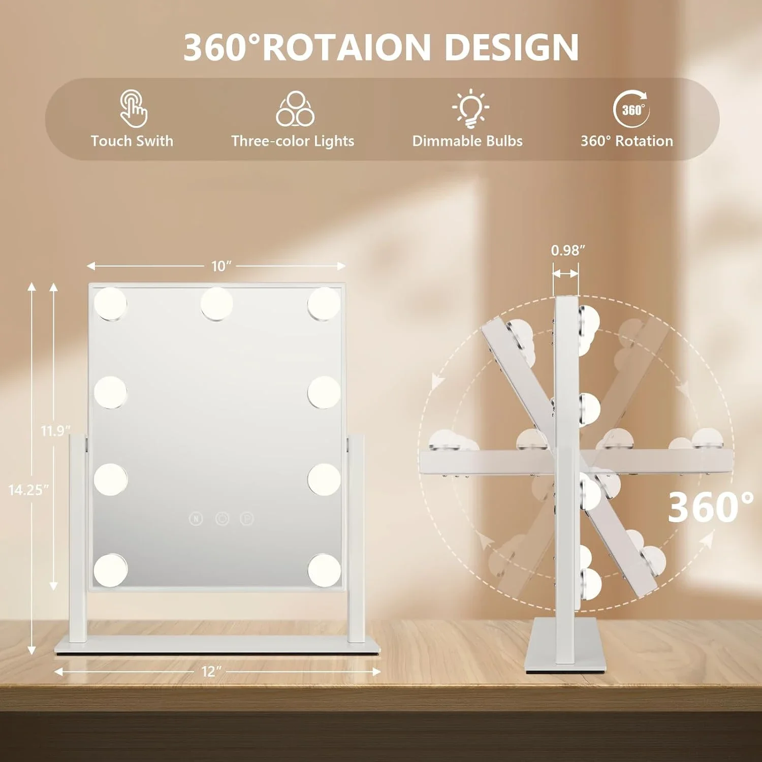 مرآة فانيتي مع أضواء مرآة مكياج هوليوود مع 9 لمبات LED 3 ألوان إضاءة 360 درجة ° دوران لغرفة الملابس وغرفة النوم #5