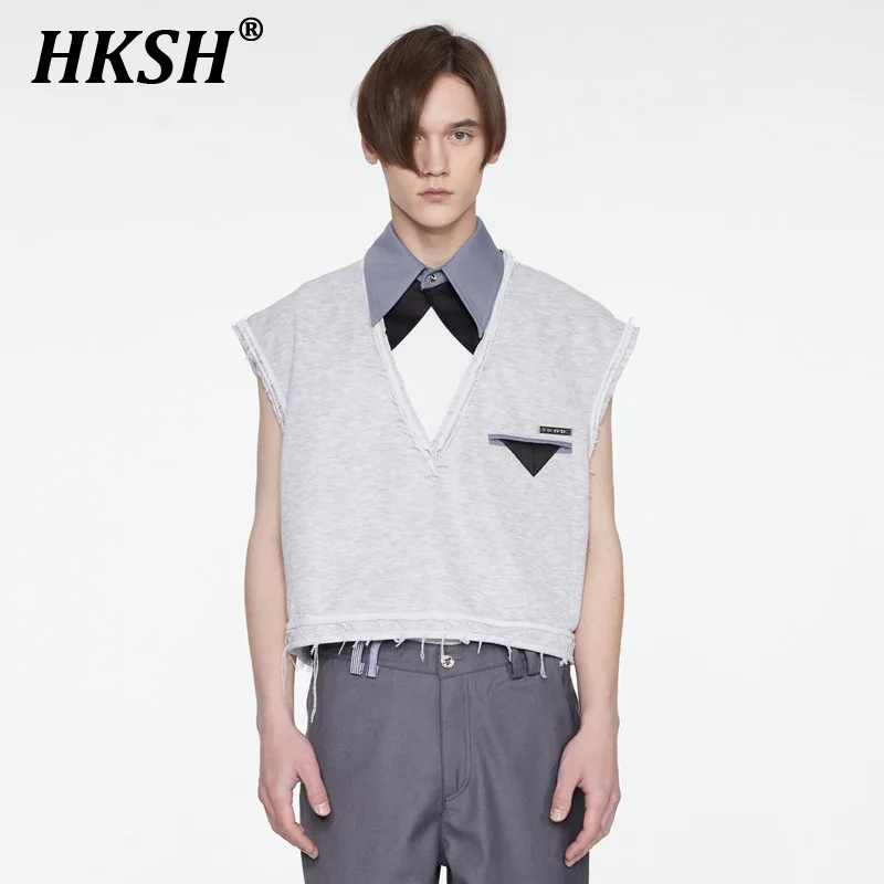 

HKSH Spring Summer New Men's Tide Detachable Shirt Collar Vest Personalized Loose Sleeveless T-shirt Chic Punk Tank Tops HK1309