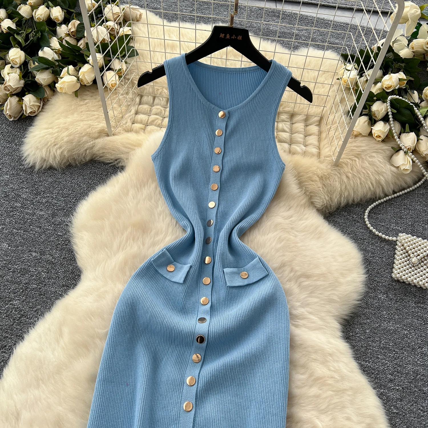 2025 New Women Chic Fashion With Golden Buttons Knitted Midi Dress O Neck Sleeveless Female Dresses Vestidos Mujer