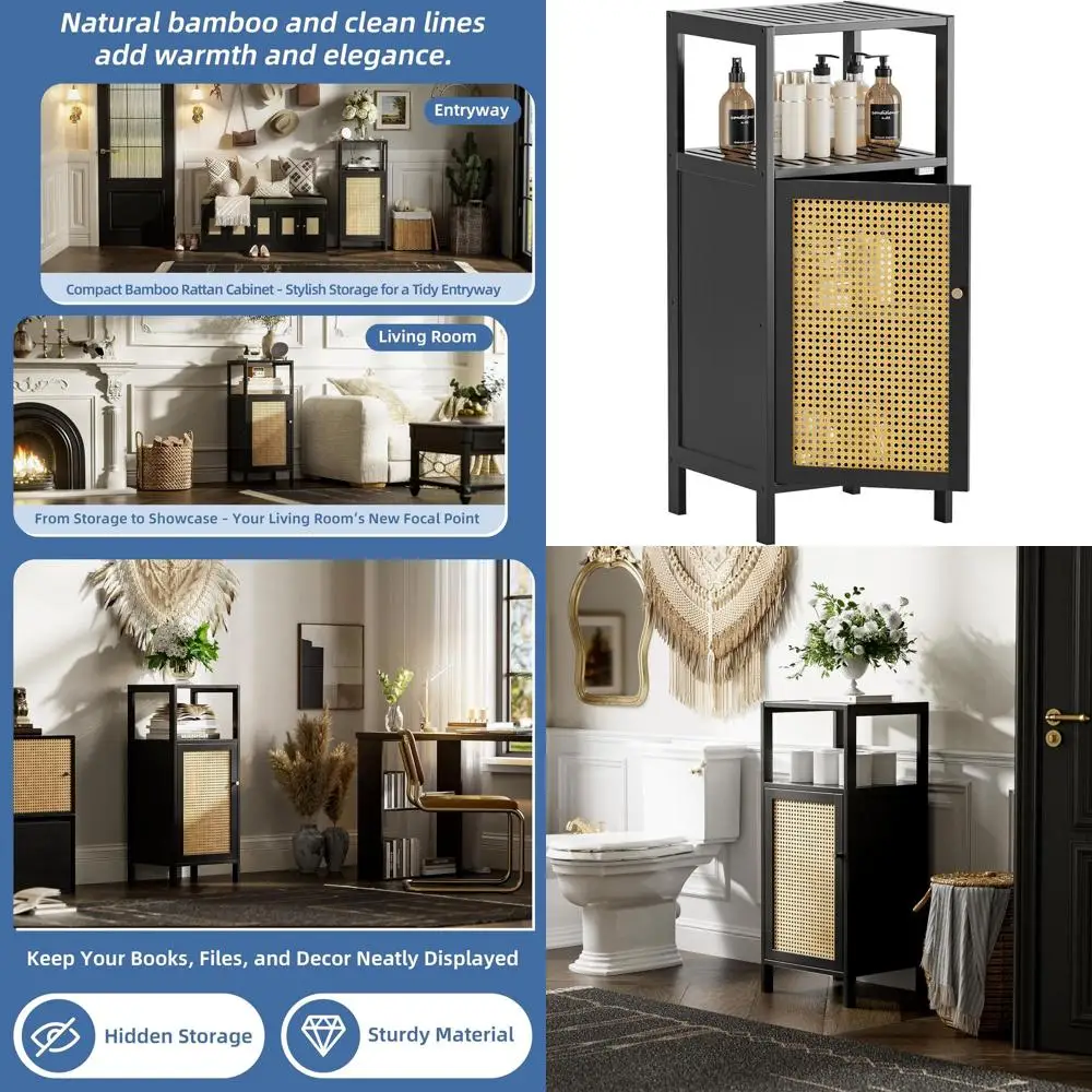 

Space-Saving Bamboo Storage Cabinet with Single Rattan Door for Small Bathrooms and Kitchens, Black