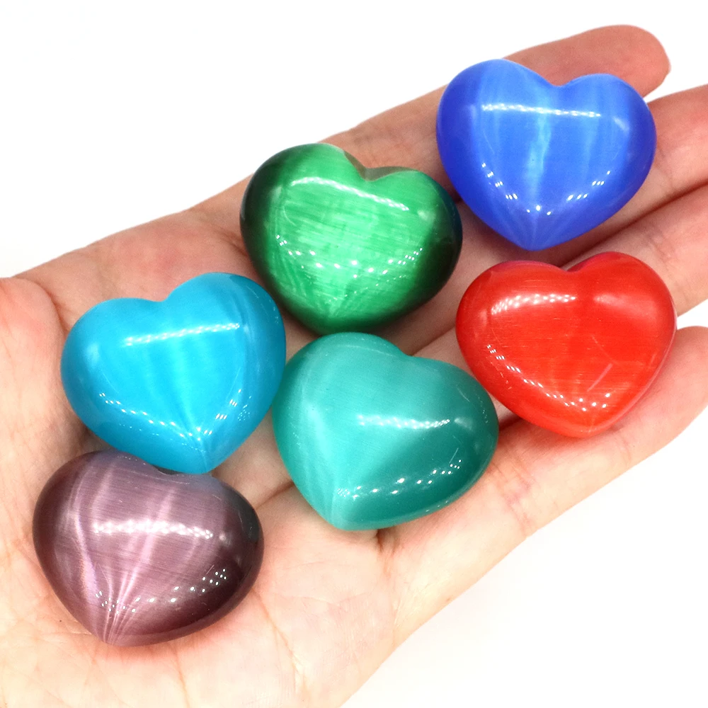 30mm Heart Shaped Cat Eye Stone Shiny Palm Massage Gemstone Reiki Crafts DIY Jewelry Fish Tank Office Home Decoration Love Gifts