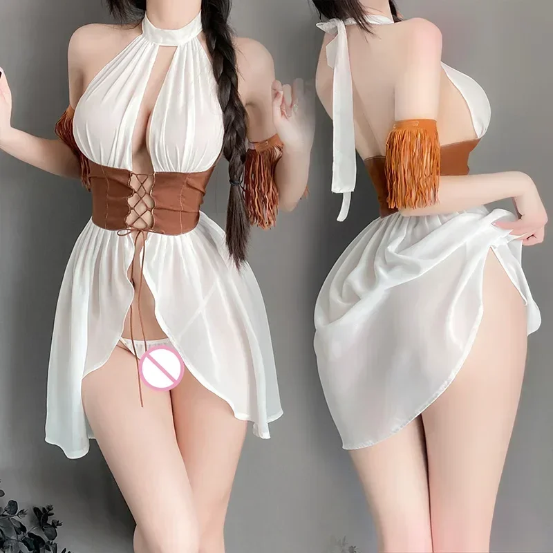 See Through Greek Goddess Sexy Lingerie Exotic Open Bra Corset Costume Porn Cowboy Outfit Seductive Halter Dress Tassel Handband