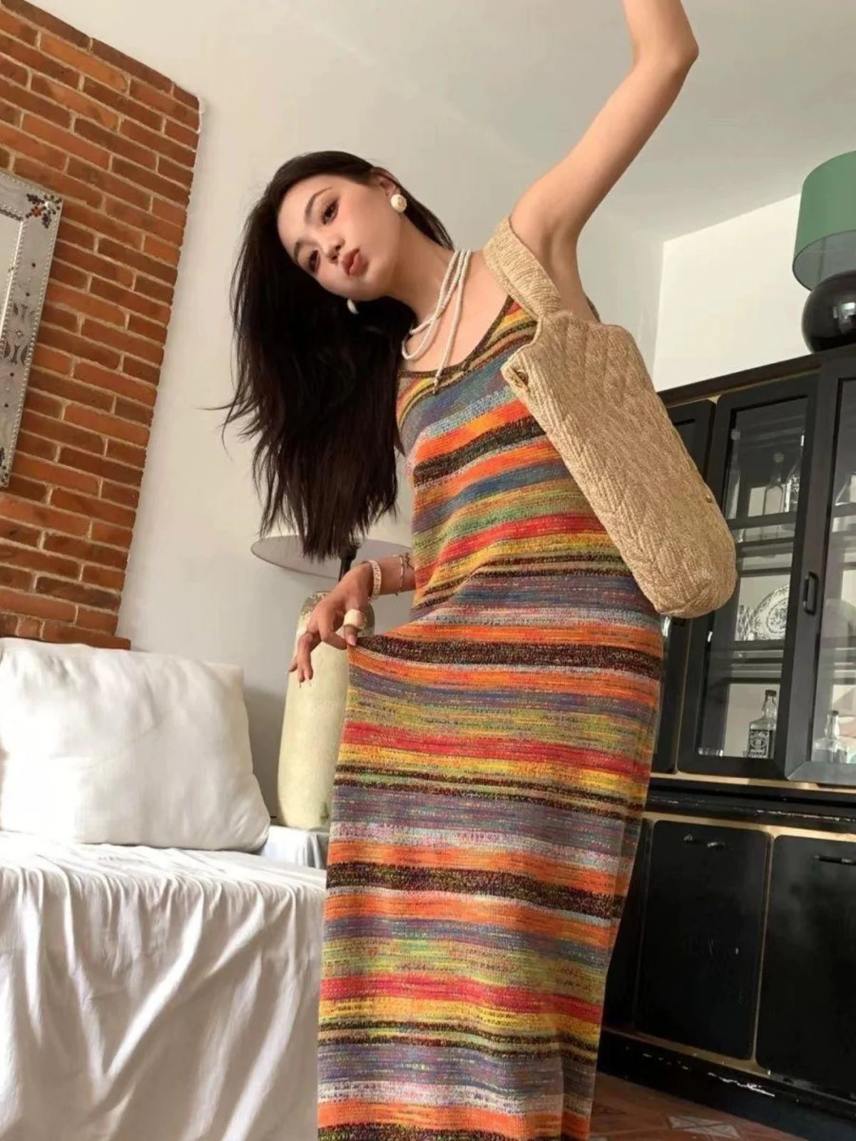 Plus Size Extra Large 50.00kg Sweet Girl New French sle Retro Rainbow Stripe Slimming Fashion Sling Dress Women Early Autumn