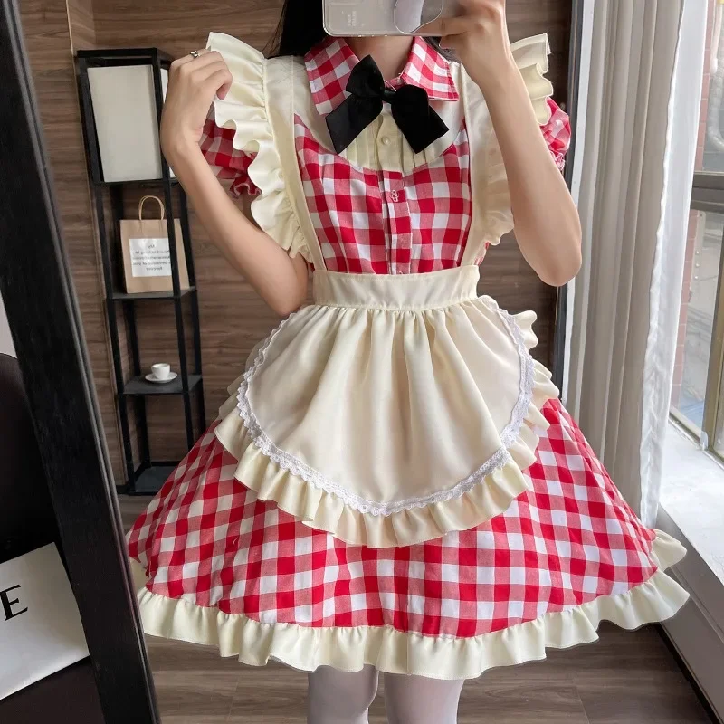 

Cute Lolita Maid Dress Sexy Cosplay Maid Uniform Dress Black and Red Grid Plus Large