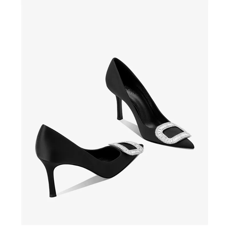 2025 جديد حذاء نسائي بكعب عالٍ أسود من الساتان خنجر حجر الراين مشبك أحذية الحفلات الأنيقة #5