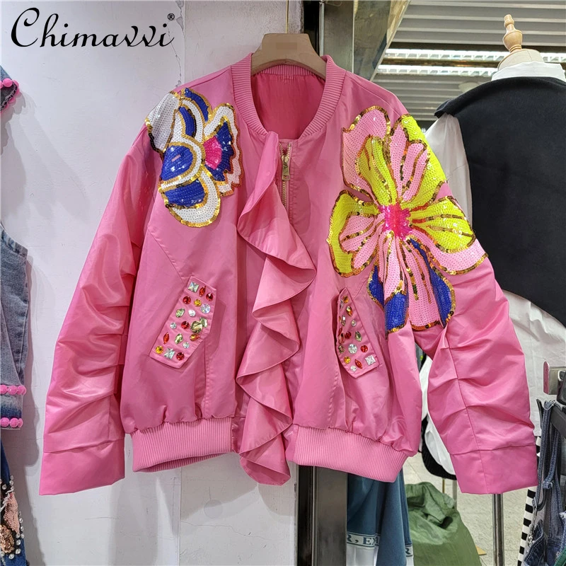 European 2022 Autumn New Fashion Design Shoulder Sequined Flower Seamed Lotus Leaf Edge Coat Streetwear Loose Jacket for Women