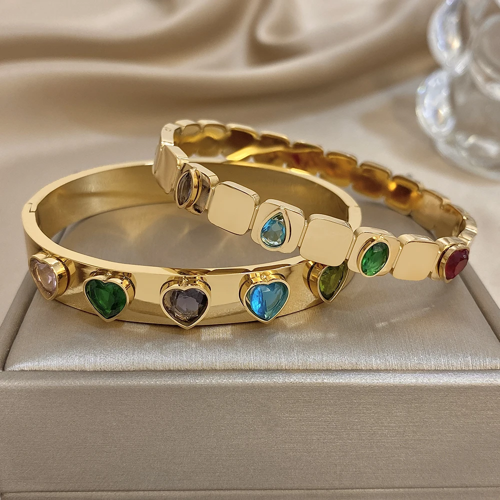 Greatera الملونة الهندسة حجر الراين مطعمة على شكل قلب الفولاذ المقاوم للصدأ سوار مطلي الذهب الفاخرة الكفة الإسورة مجوهرات هدايا