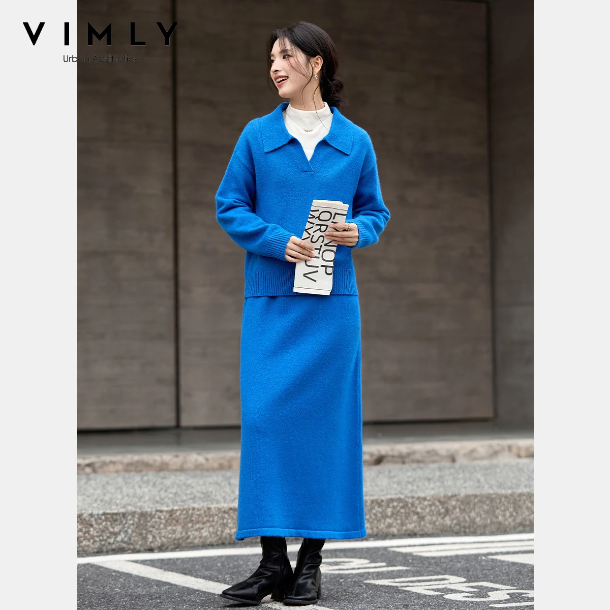 

VIMLY женский вязаный комплект из двух предметов с юбкой, повседневный осенний комплект 2025, элегантные топы с отложным воротником, прямые длинные юбки, комплекты из 2 предметов 75101