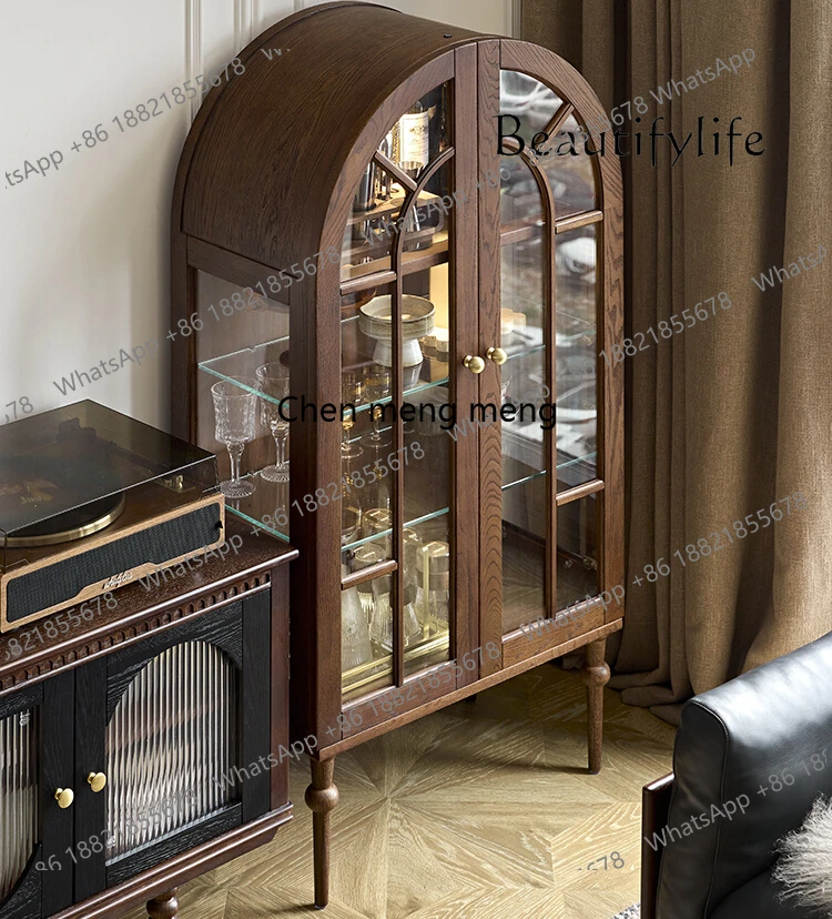 French retro figure cabinet solid wood arched display  glass living room TV  side