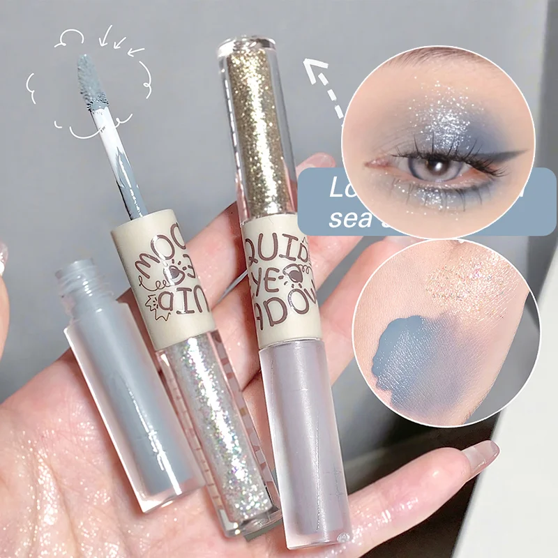 2 In 1 Glitter Liquid Eyeshadow Double-head Brightening Waterproof Matte Blue Grey Glitter Lying Silkworm Highlighter Eye Makeup