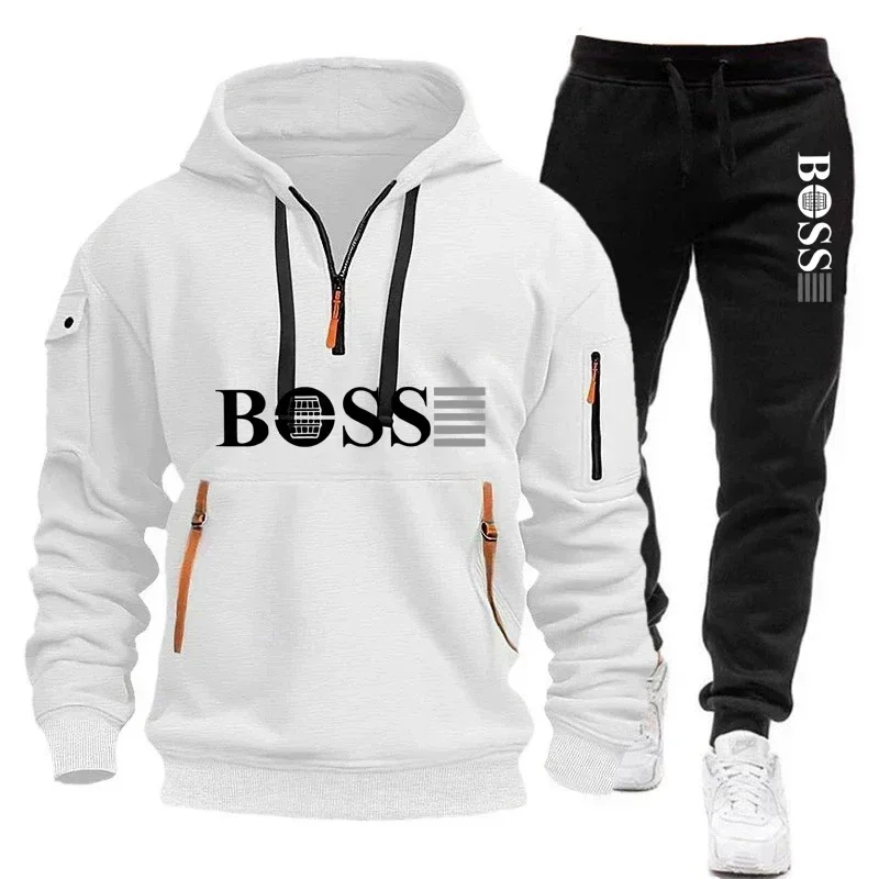 Conjunto de 2 Piezas de Sudadera con Capucha y Pantalones para Hombre, Otoño e Invierno, Ropa Deportiva para Hombre, Cierre de Cremallera, Resistente al Viento, para Correr al Aire Libre