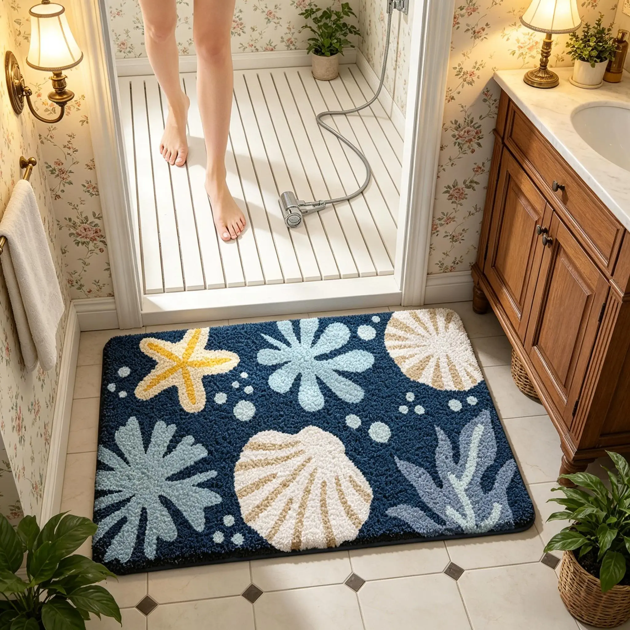 

Ocean Series Microfiber Flocked Bath Mat, Super Soft Absorbent Bathroom Rug, Rubber Non-Slip Backing Shower Floor Mat