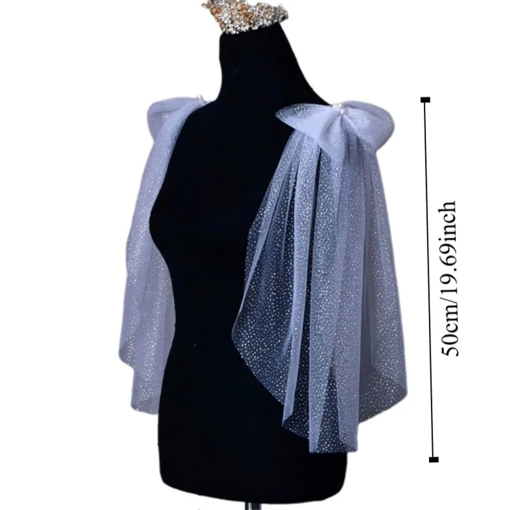 1 زوج مطوي تول العروس فستان الزفاف شال اللؤلؤ لامعة القوس شفافة شال الذهب الشاش اكسسوارات الزفاف