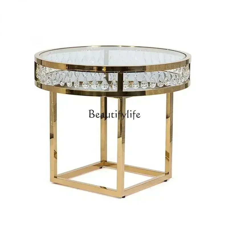 

Romantic Golden Stainless Steel Crystal Glass Top Wedding Cake Table