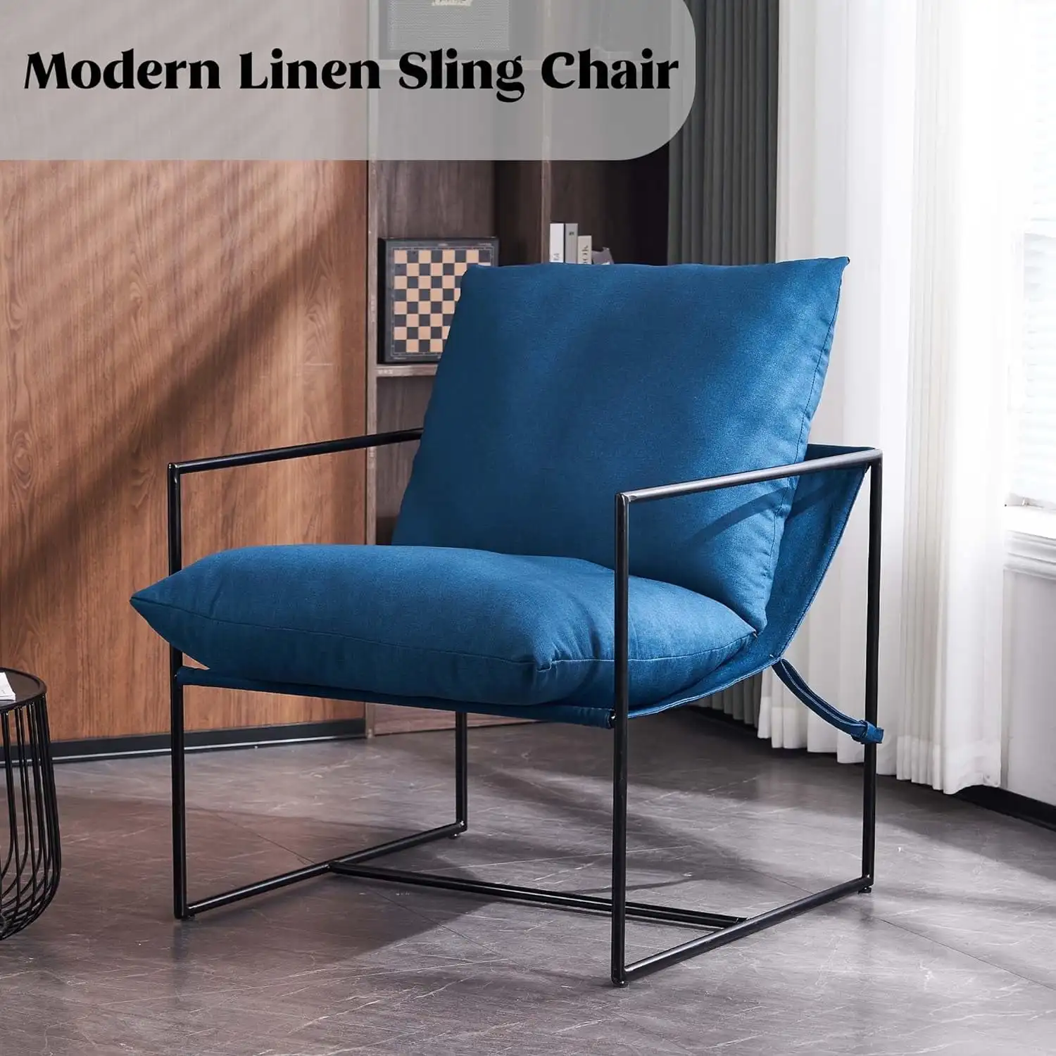 

Accent Linen Sling Chair Indoor for Living Room Bedroom and Office Metal Framed Armchair with Soft Bag Cushion