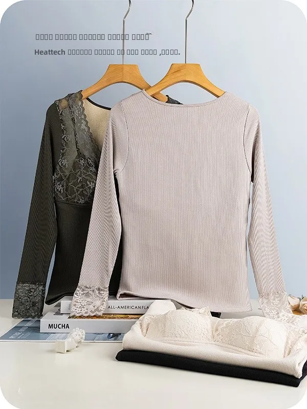 Camiseta Térmica Larga para Mujer Thiened, con Escote en V, Encaje, Ropa Interior, Otoño Invierno, Color Base, con Relleno en el Pecho