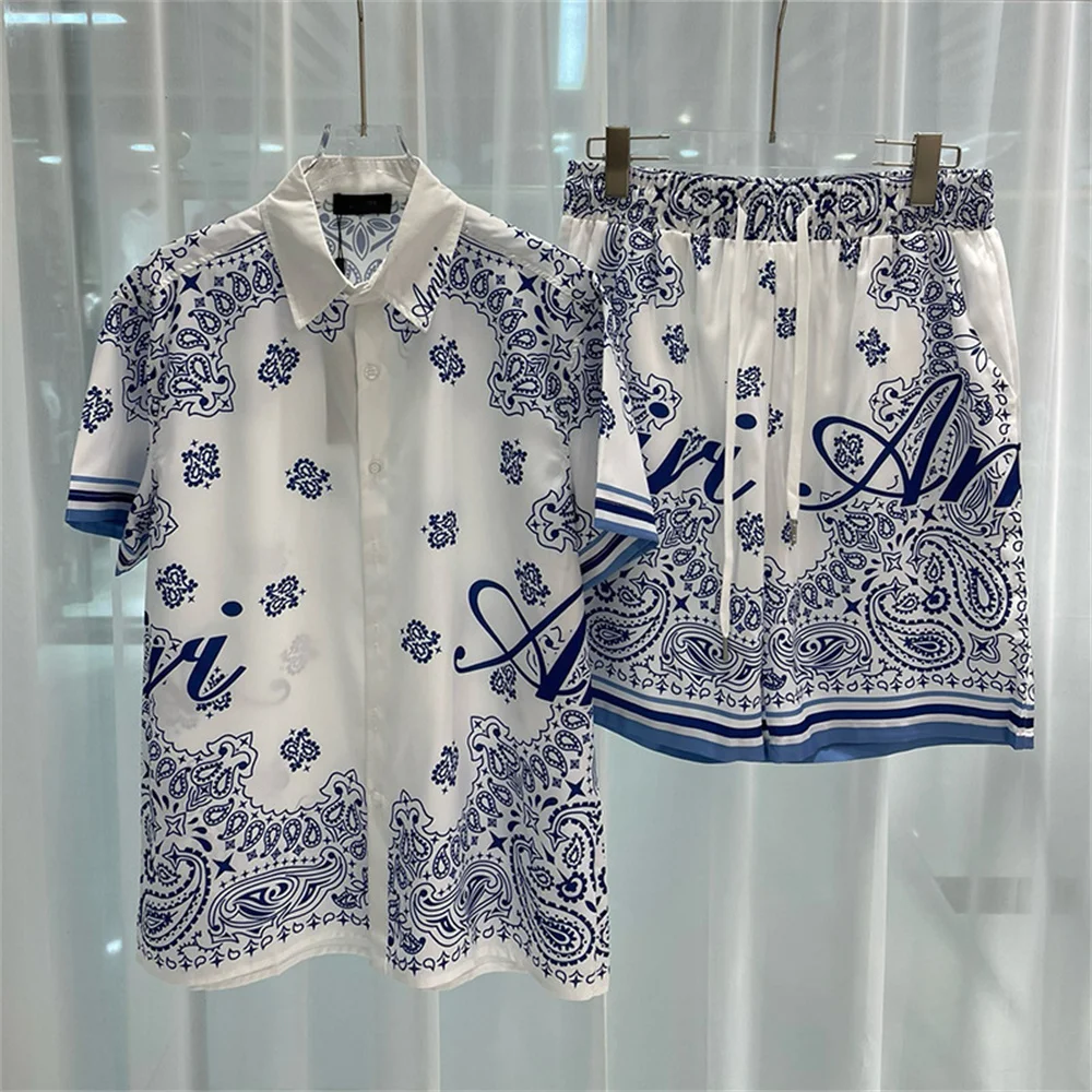 2 Piece/Set Lapel Short Sleeve Men's Sportswear Drawstring Funny Caveman Full Print Shirt Loose Shorts Sweatshirt Men's Hawaii ﻿