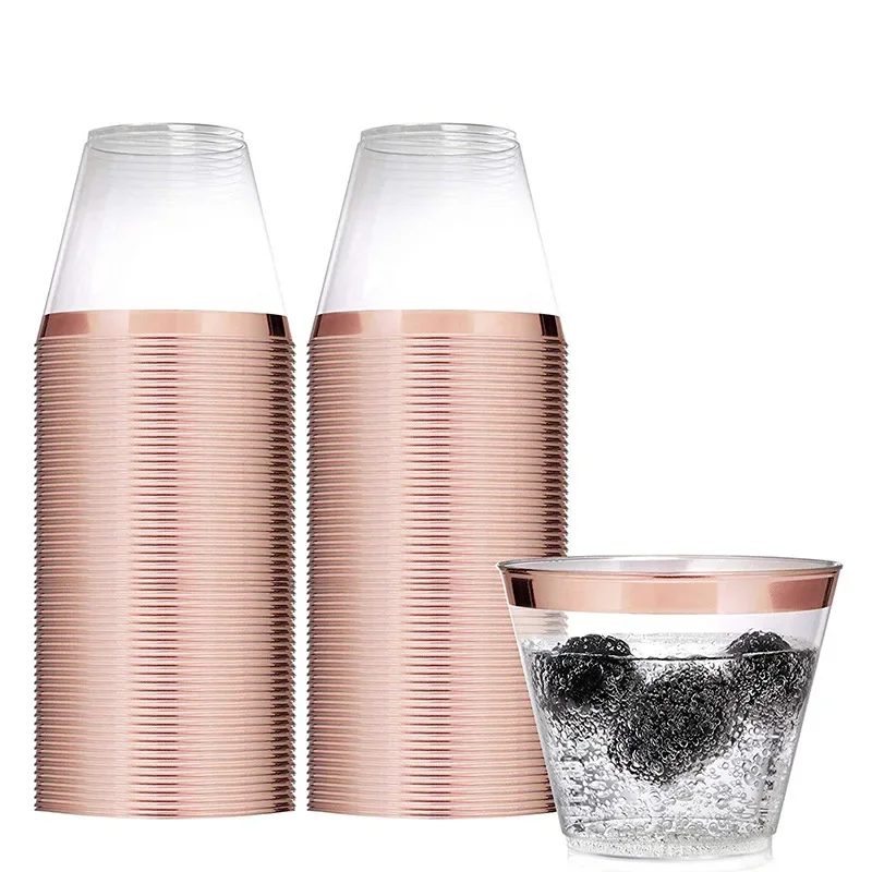 

9oz Rose Gold Plastic Cups 50 Pack ~ Fancy Plastic Cups ~ Disposable Cups for Wedding - Elegant Party Cups with Rose Gold Rim