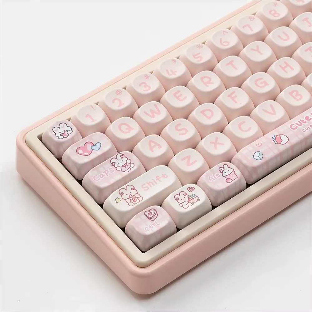 Pink Rabbit Theme PBT Hot Sublimation Keycap, Fit 108 98 87 82 75 68 Keys, Cute, Strawberry, Girly Heart