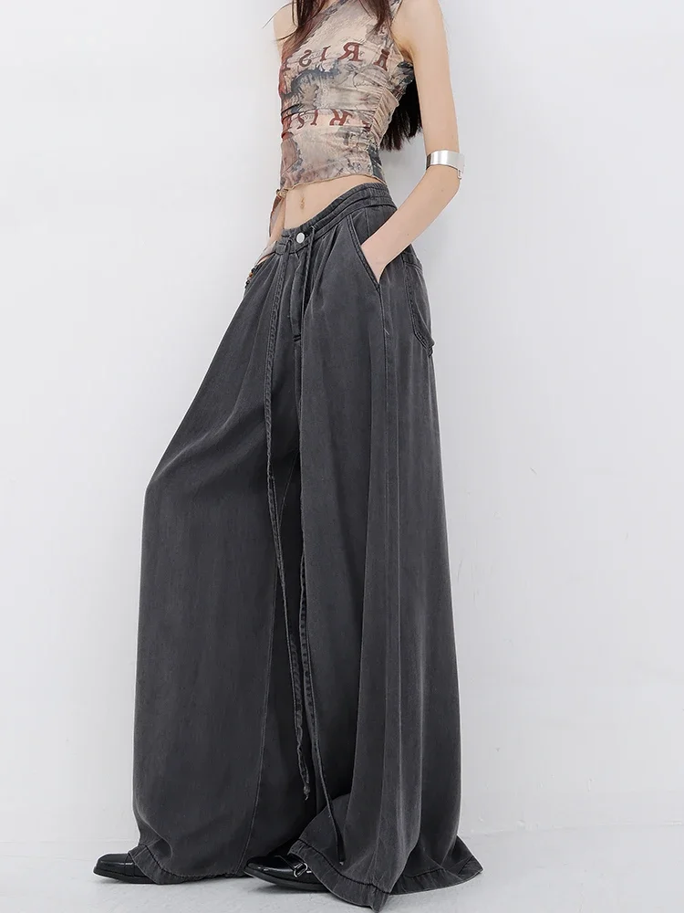 

Gray design drawstring wide-leg soft jeans women's summer thin new drape floor pants