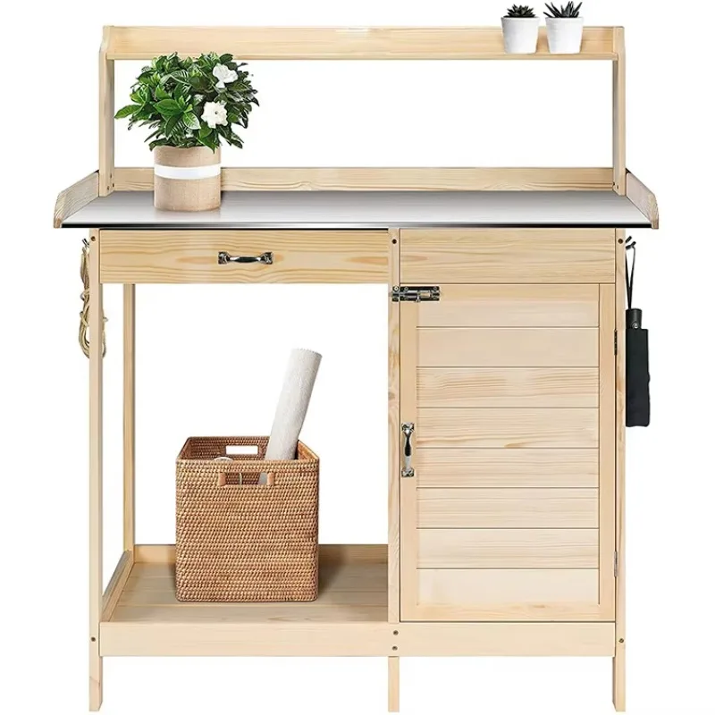 Garden Potting Bench Outdoor Wood Flower Pot Workstation Table With Metal Tabletop