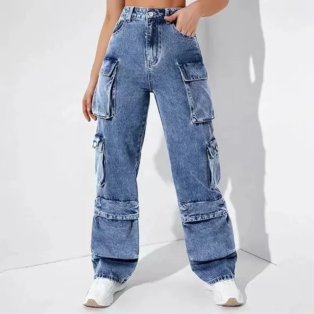 Dżinsy Damskie Proste Spodnie Cargo Denim Wysoka Talia Vintage Kieszenie Guziki Podstawy Spodnie do kostek 2024 Jesień Streetwear