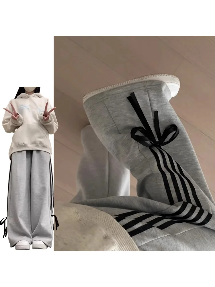 

plus Size Women's Casual Sporty Wide Leg Pants with Bow Tie American Sweet And Spicy Style High Waist Autumn Winter Loose Fit