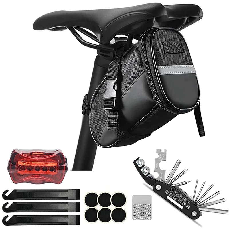 

Bicycle Repair Tool,16-In-1 Multi-Function Bicycle Saddle Bag With Repair Kit, Bicycle Light For Repair Bicycle Tool Kit