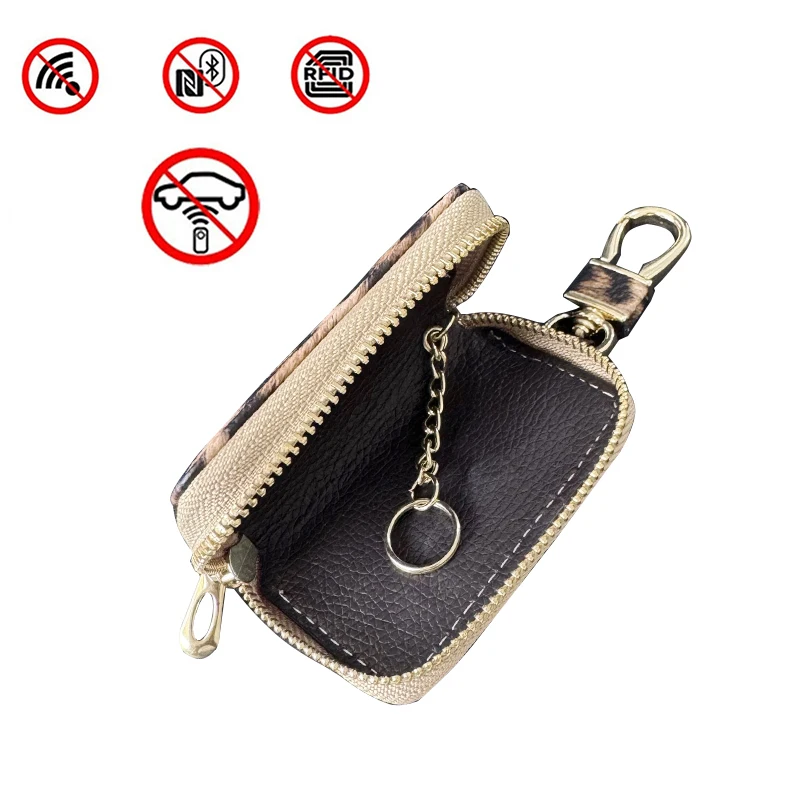 Car key signal blocking bag, RFID shielding signal zipper key bag, leopard pattern PU leather anti hacking and anti-theft key bu