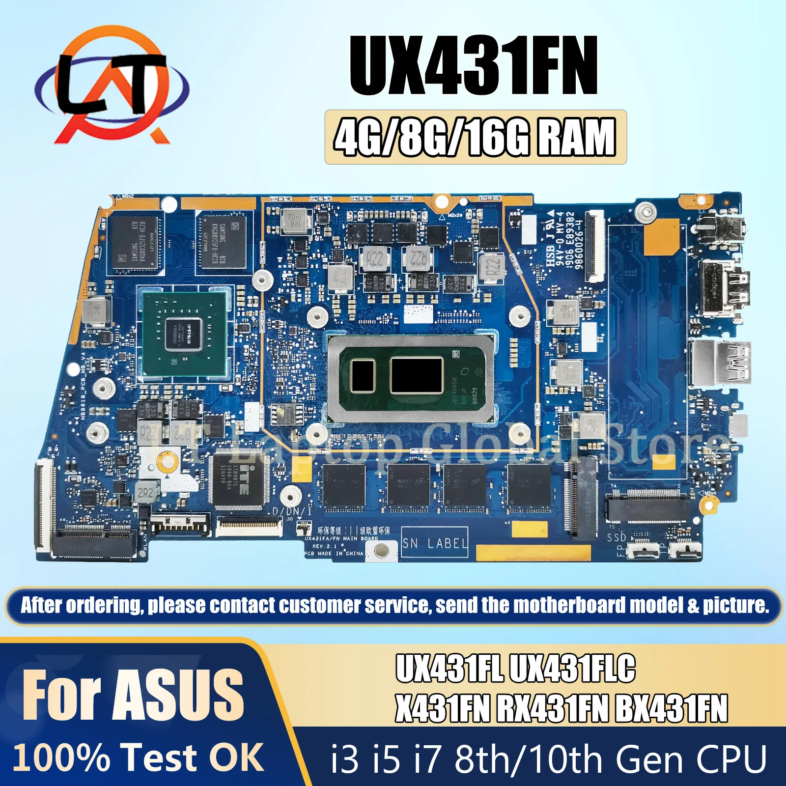 

UX431FN mainboard For ASUS UX431FL UX431FLC X431FN RX431FN BX431FN laptop motherboard I3 I5 I7 8th 10th Gen 4G 8G 16GB RAM DDR4