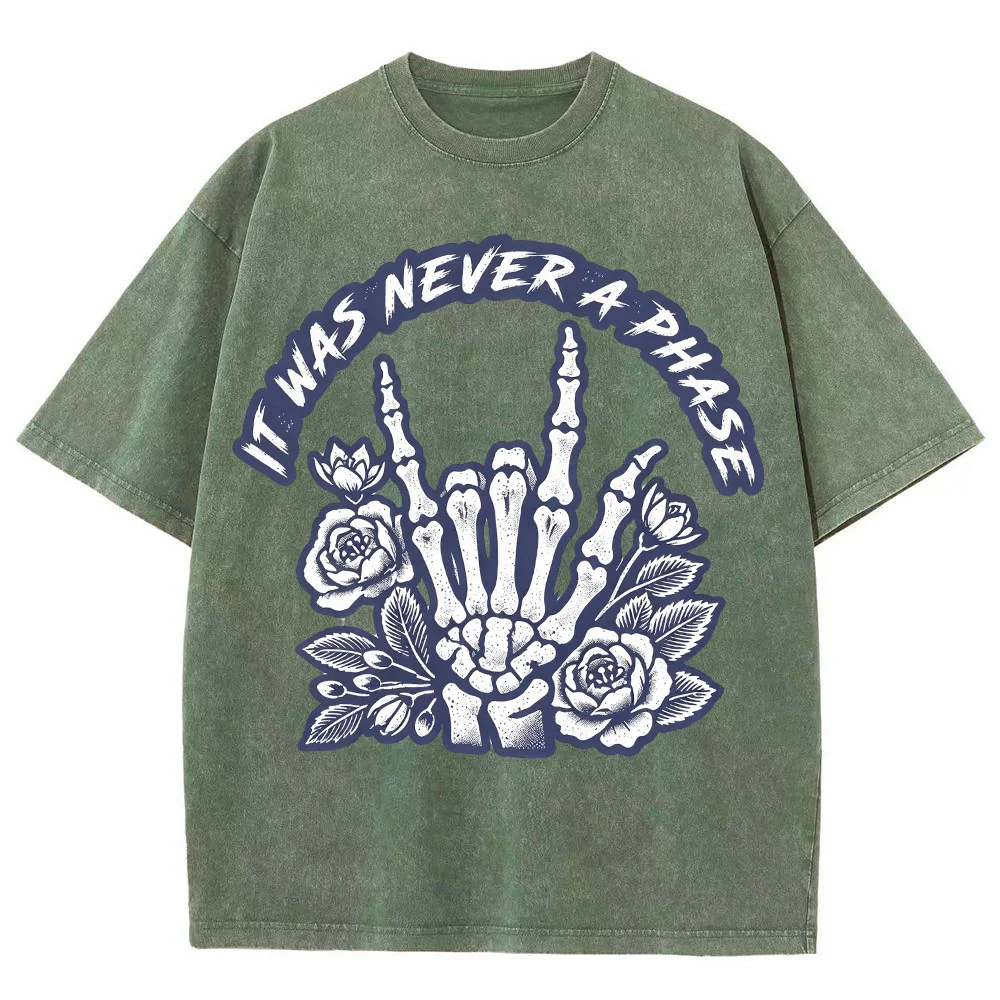 Mens It Was Never A Phase Skeleton Hand Graphic T Shirts Rock Gesture Rose Print Gothic Grunge Casual Short Sleeve Top