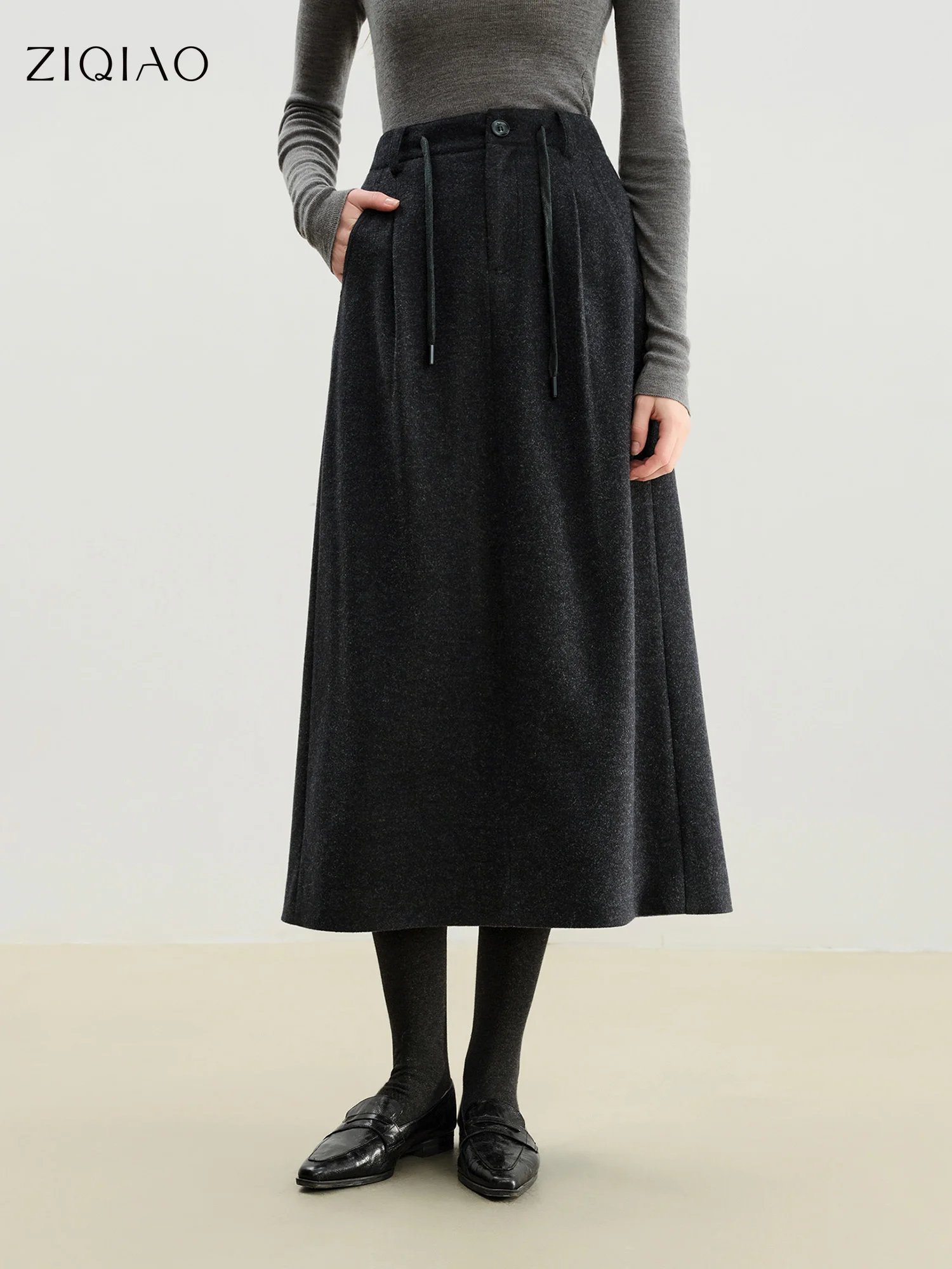

ZIQIAO Women's Gray Faux Wool Midi Skirt Winter 2025 New Style Black Midi A-line Skirt High Waist Simple Ins Clean Fit Citywalk