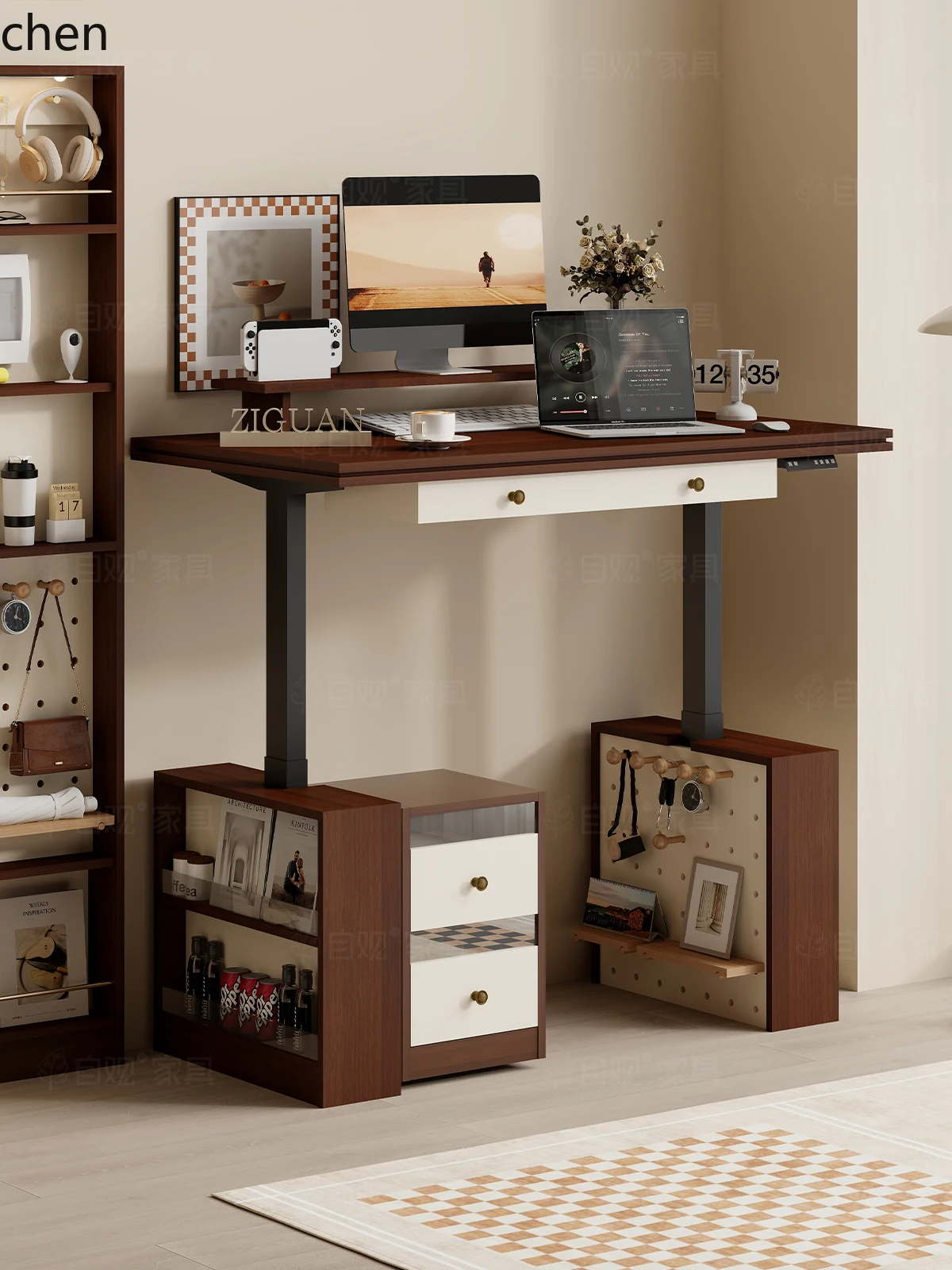 ZML Electric Lifting Desk Multifunctional Standing Office Work Desk with Storage Cabinet